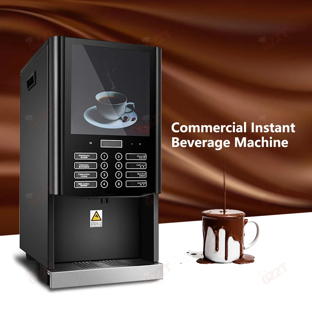 GZZT black commercial instant beverage machine with touchscreen, push-button interface, and cup dispensing station.