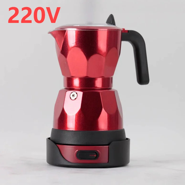 Metallic red electric moka pot coffee maker on black base, 220V power, modern faceted design with black handle.