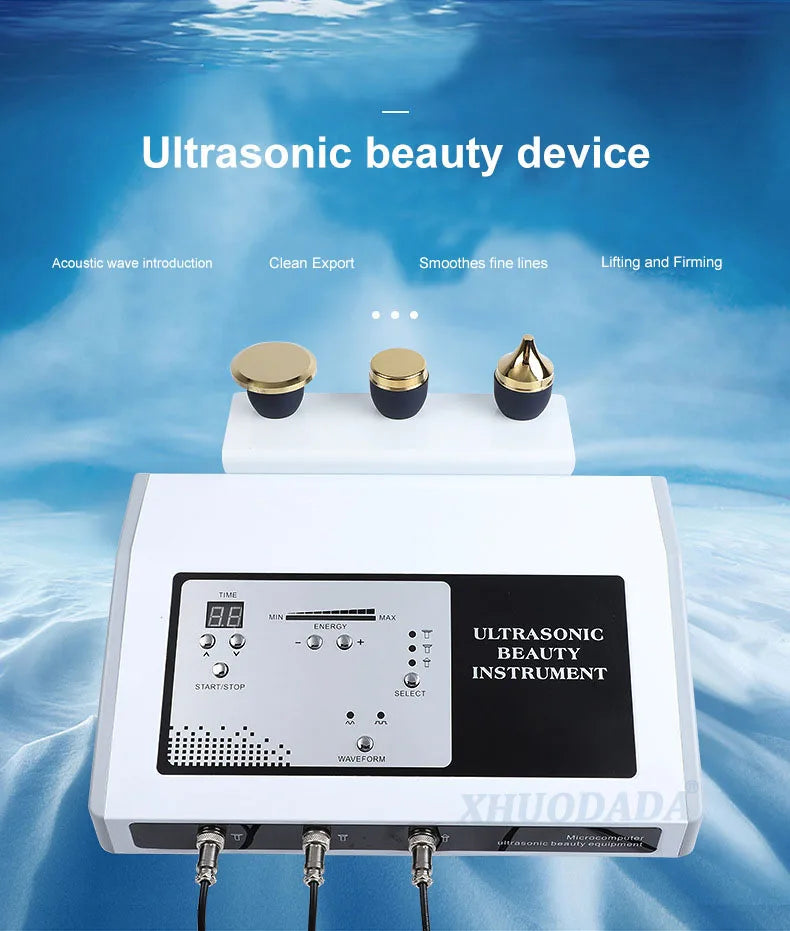 3-in-1 ultrasonic facial device with gold probes for anti-aging, lifting, and skin cleansing beauty instrument.