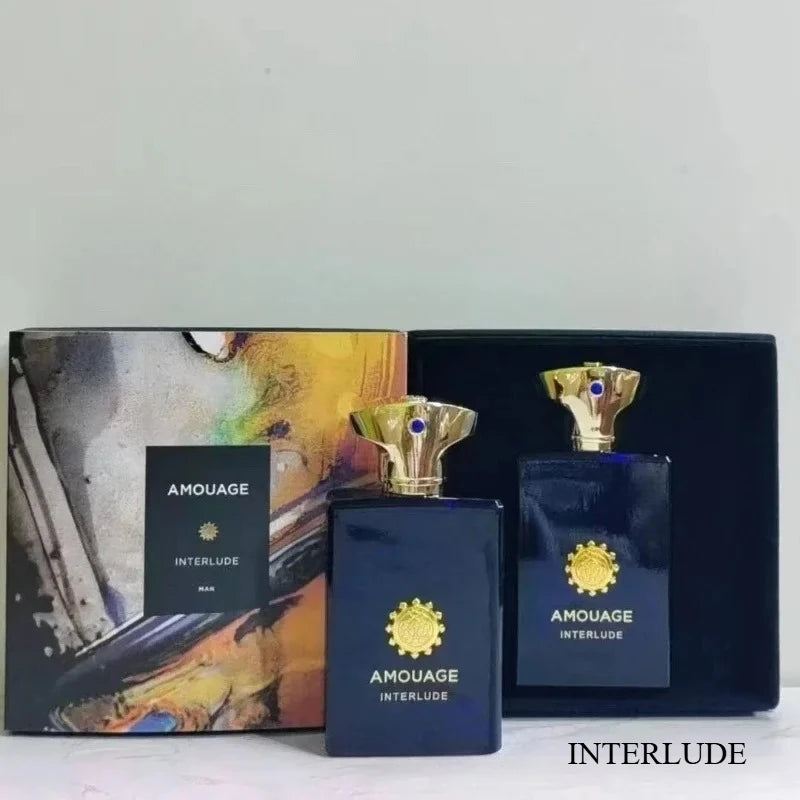 Amouage Interlude Man 100ml EDP: Refined woody masculine fragrance in an iconic dark blue rectangular glass bottle.
