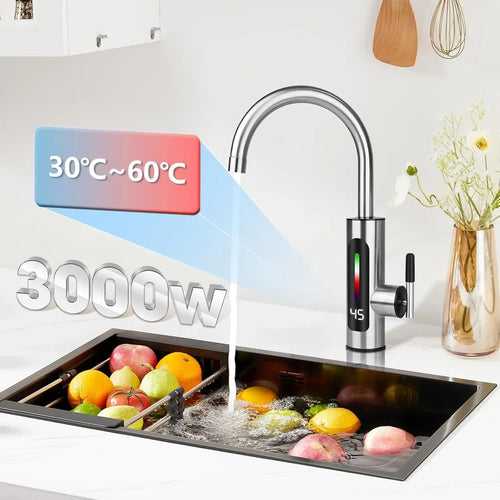 Instant hot water faucet dispensing into a kitchen sink with LED temperature indicators