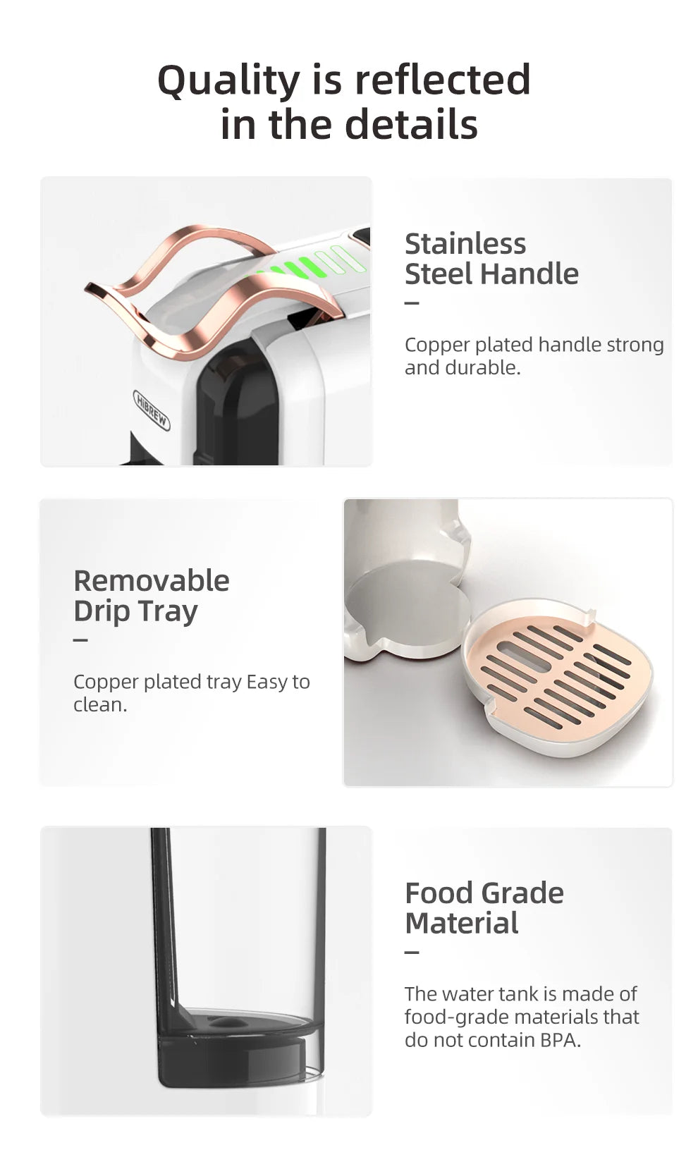 HiBREW coffee maker details: copper-plated stainless steel handle, removable drip tray, and food-grade water tank.