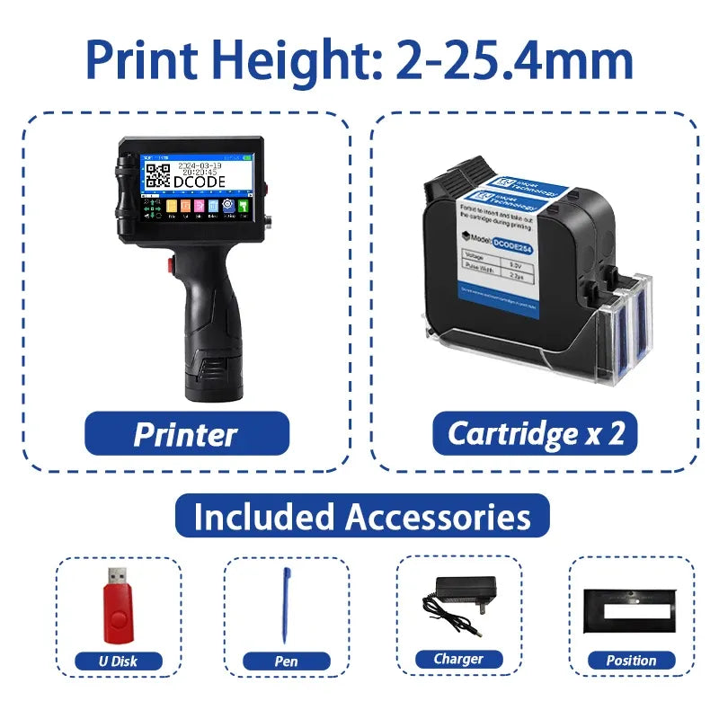 Handheld inkjet printer with cartridge x2 and included accessories shown