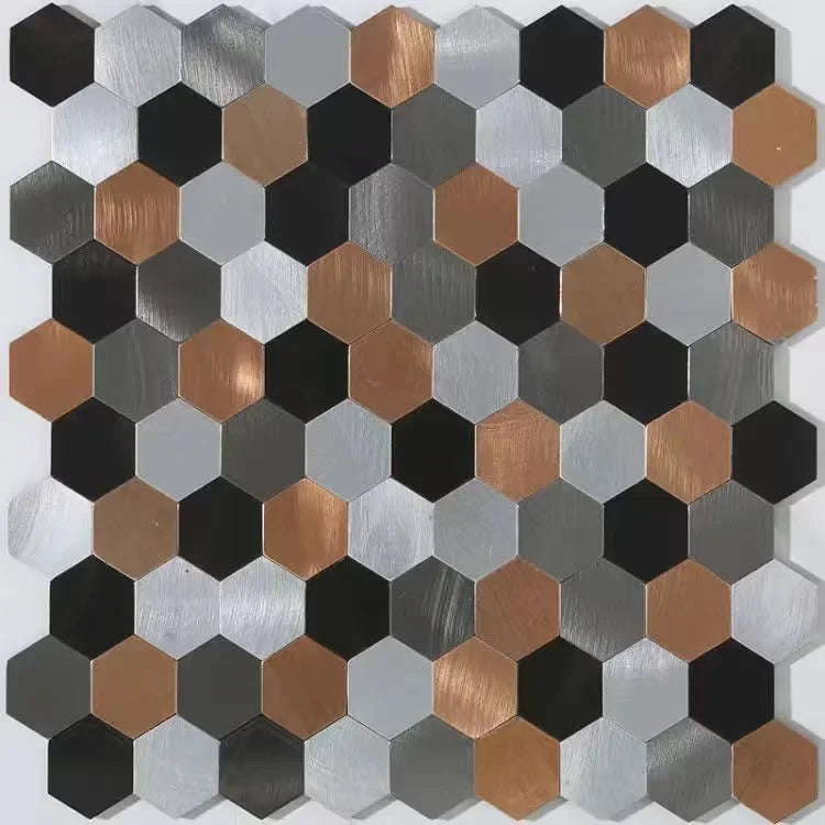 Hexagon peel-and-stick wall tile sheet with black, gray, and copper bronze metallic hex mosaic