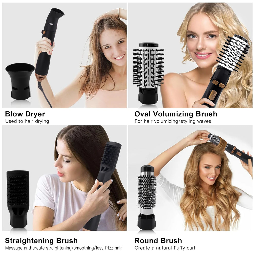 Hatteker 4-in-1 hot air brush set in black with dryer, oval volumizing, straightener, and round curling attachments.