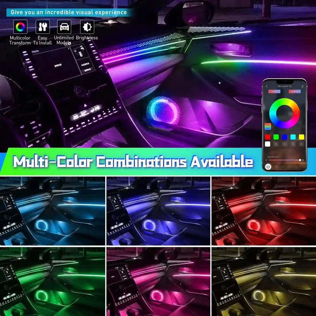 Car interior LED ambient lighting strips controlled by a smartphone app to change colors and brightness levels.