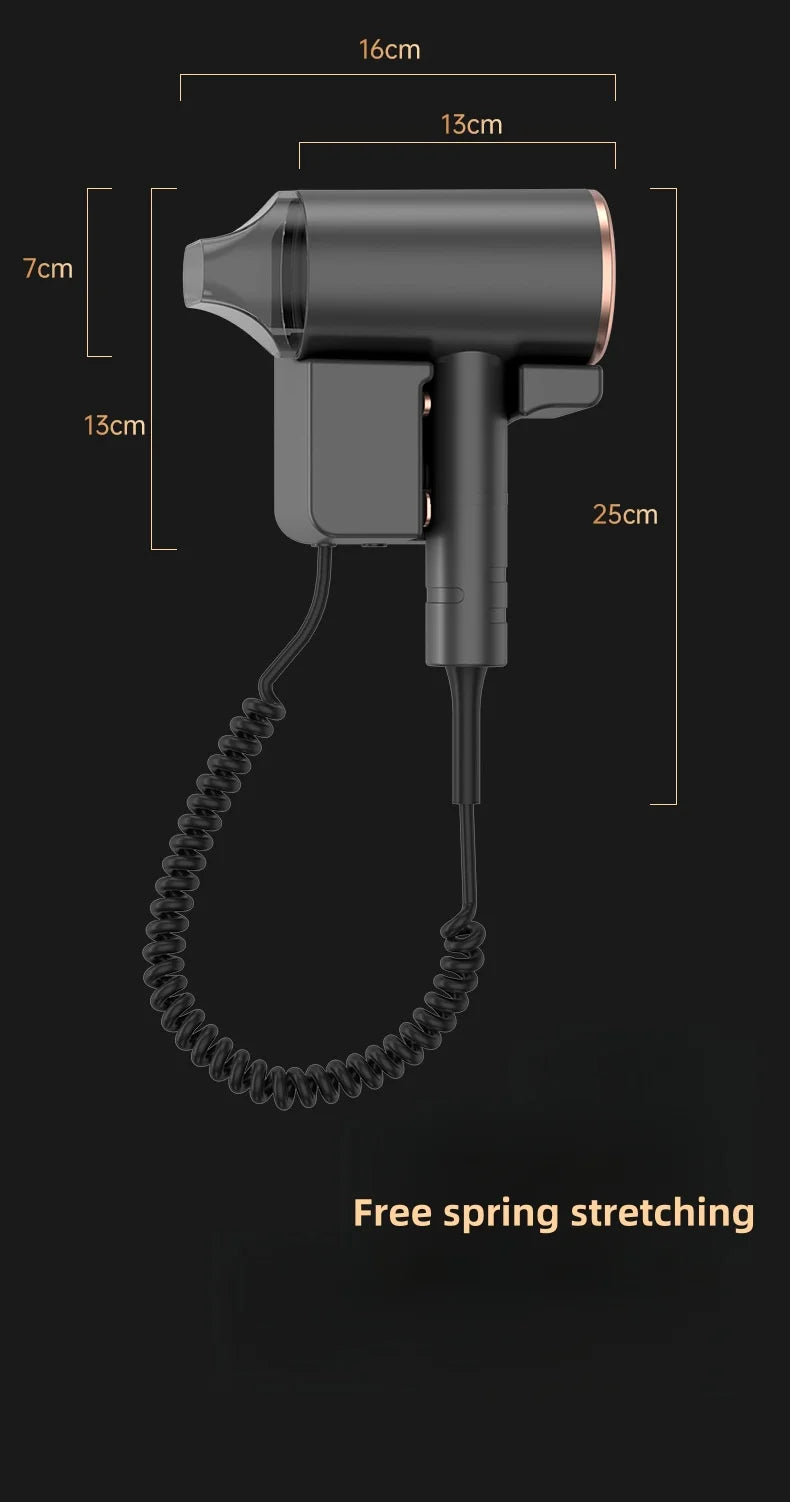 Wall-mounted 1600W grey hotel hair dryer with coiled cord, concentrator nozzle, and dimensions diagram.