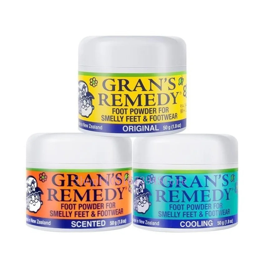 Three 50g tubs of Gran's Remedy foot powder in yellow, orange, and teal, designed for odor control and foot care.