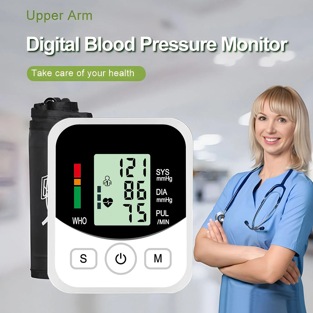 Digital Arm Blood Pressure Meter with Cuff Medical Pressure Tonometer Tensiometer Pulse Sphygmomanometer