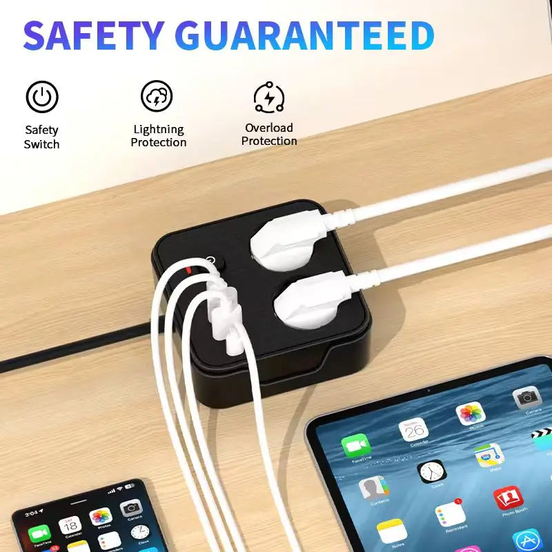 EU Plug Power Strip 2 AC 2 USB-A 2 Type-C Charging Station with Lightning Protection & Overload Safety, Wall-Mounted Outlet
