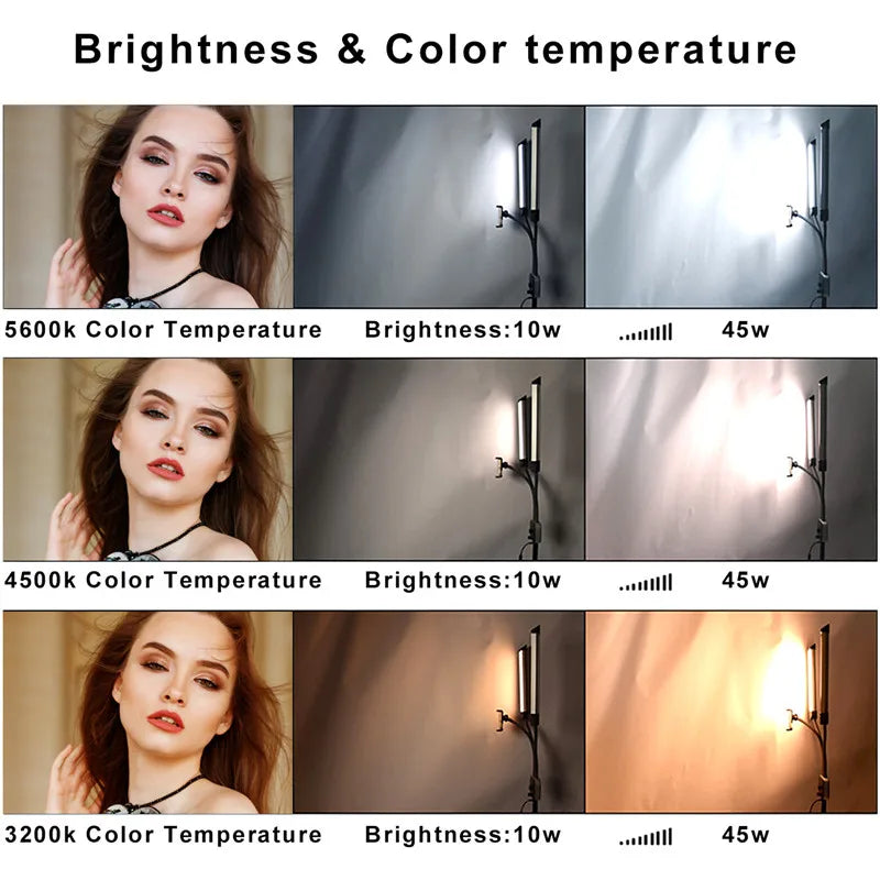 Adjustable LED light with phone holder, demonstrating brightness and color temperature settings for studio photography.