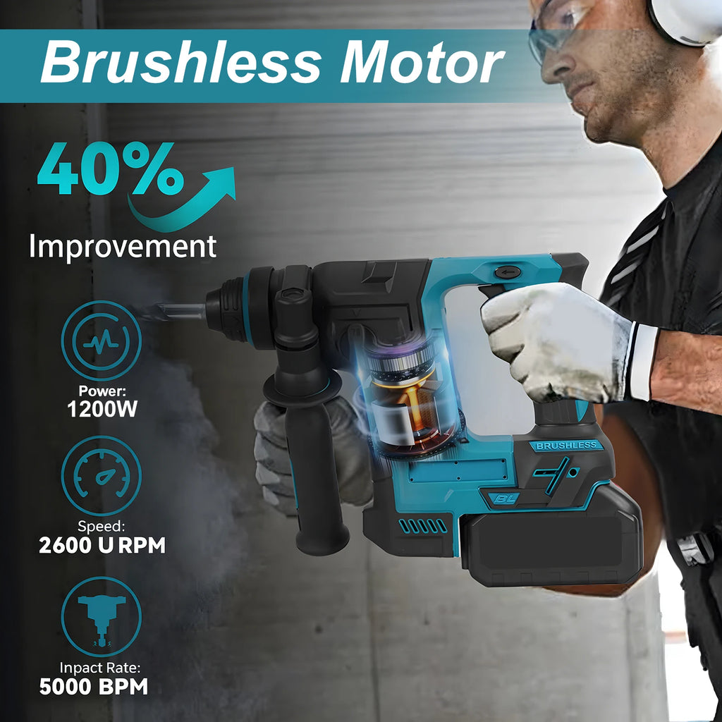 Podofo 1200W 2600RPM Brushless Rotary Hammer Drill 1.8J 360° Rotatable Cordless Electric Impact Hammer For Construction Home Wood Metal Drilling