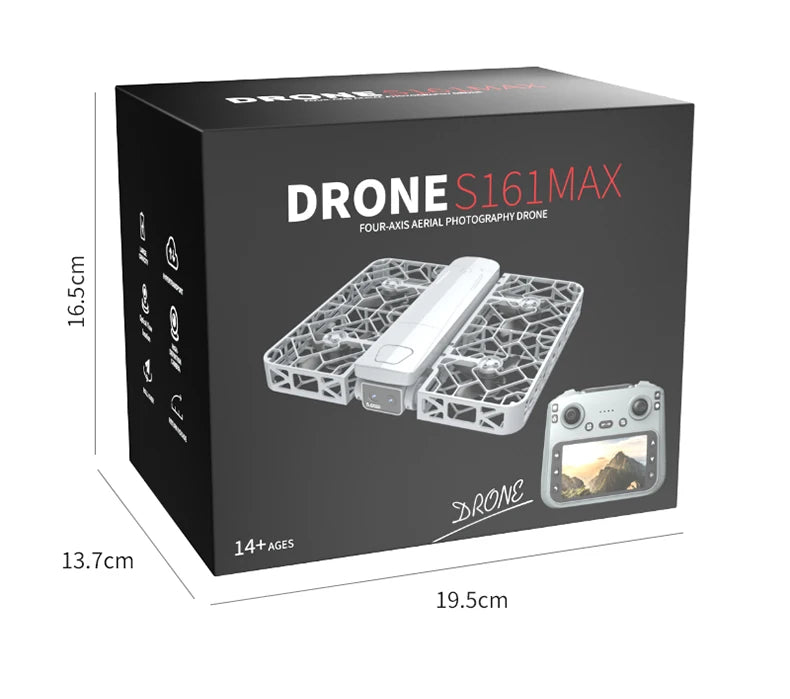 S161MAX four-axis aerial photography drone in a black box with dimensions 19.5cm x 13.7cm x 16.5cm.