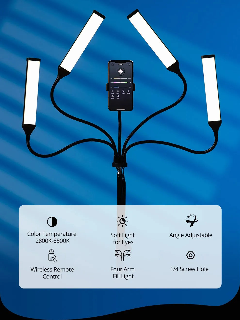 Four-arm LED fill light with a central smartphone holder on adjustable gooseneck arms for photography and video.