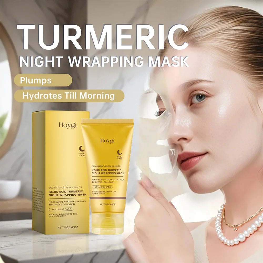 Yellow 75g tube of Kojic Acid Turmeric Night Wrapping Mask for overnight facial hydration and skin brightening.