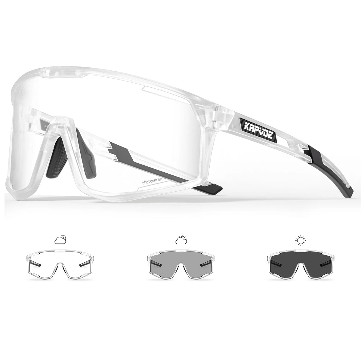 Cycling photochromic sunglasses, clear frame, transparent lenses