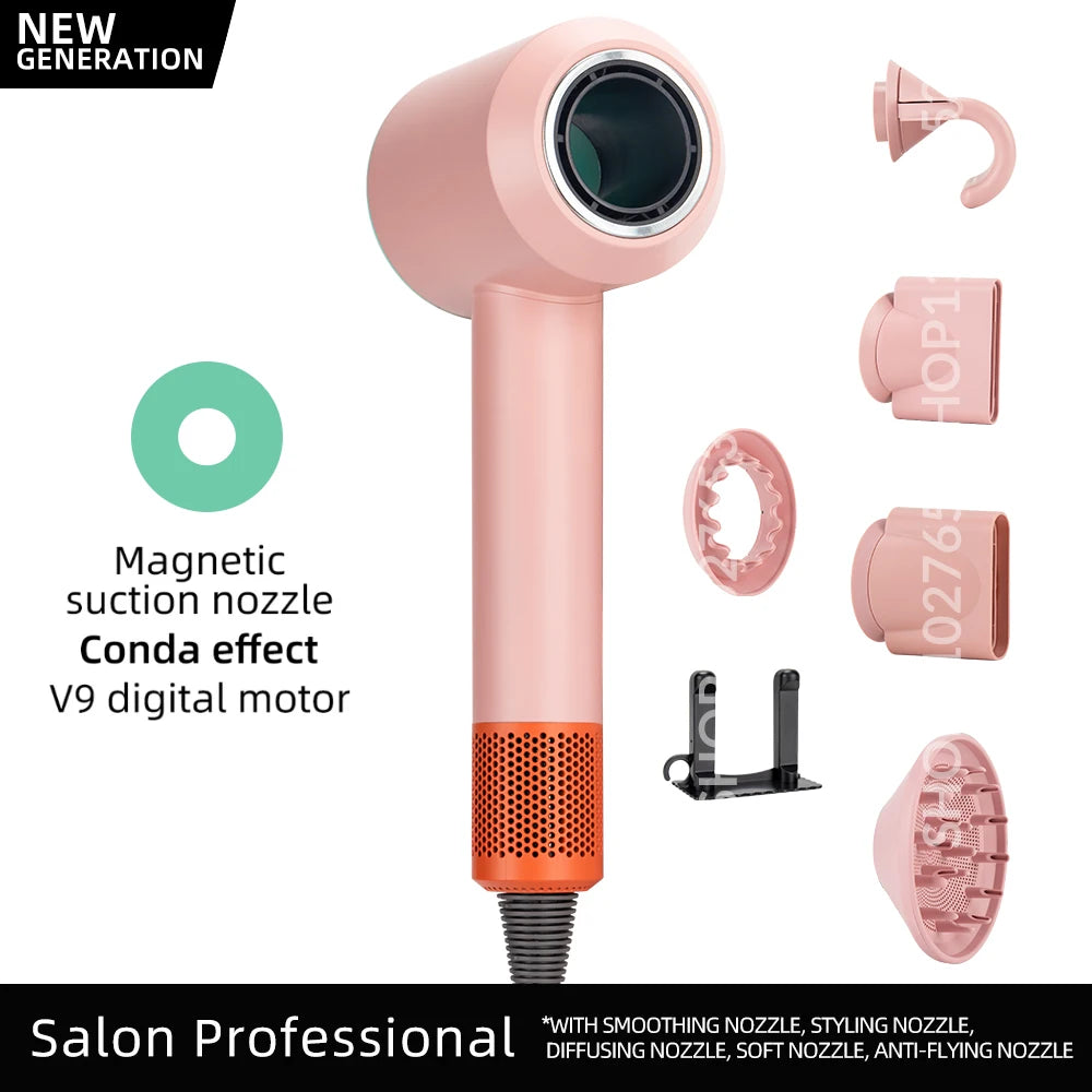 Pink ionic hair dryer with 5 magnetic styling attachments, V9 digital motor, and diffuser for professional salon use.