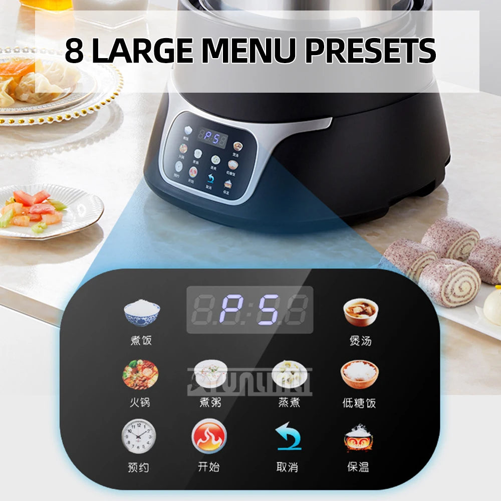 5L electric rice cooker base with lit digital display and menu preset buttons