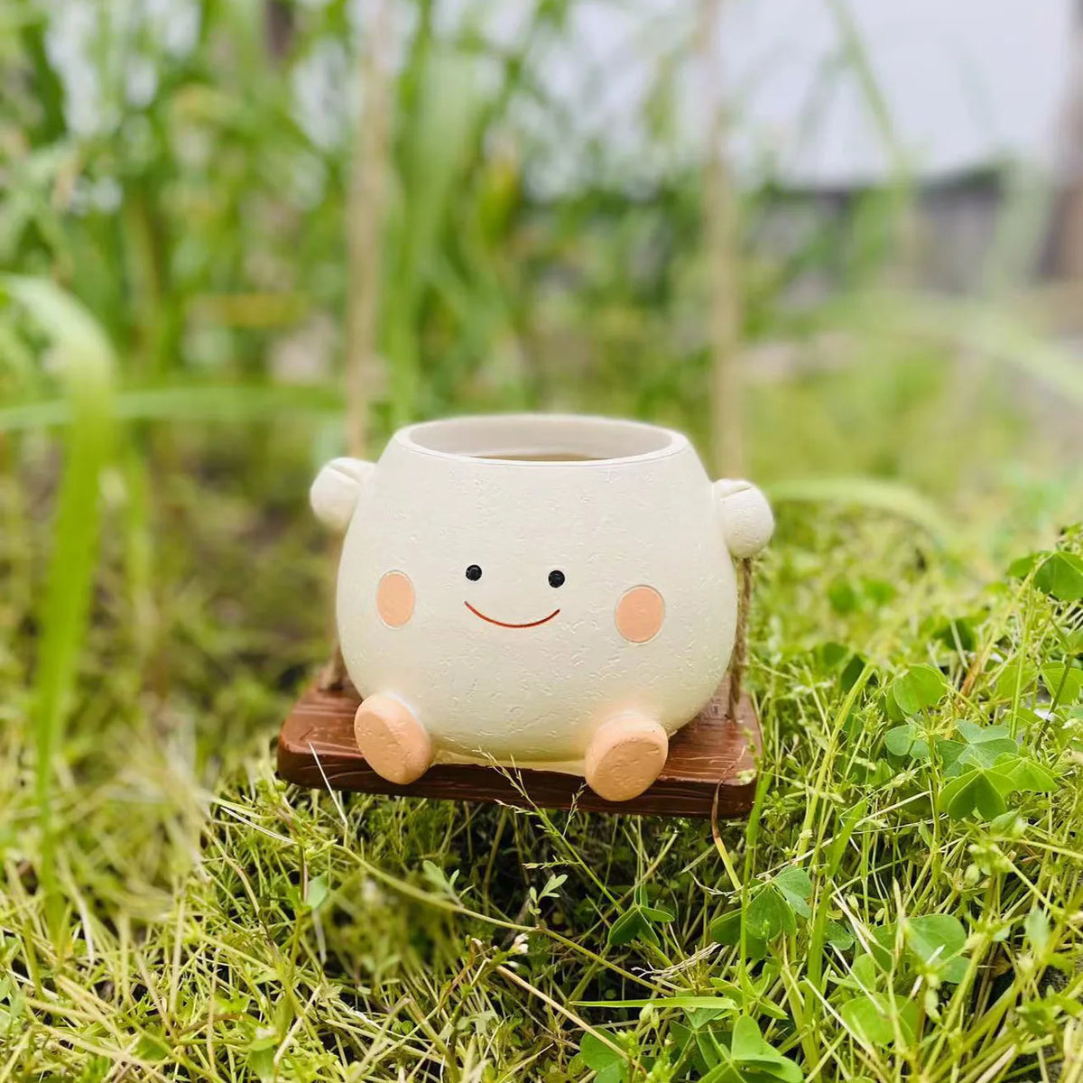 Mini succulent planter, white character pot with smiling face on round wooden base in grass.