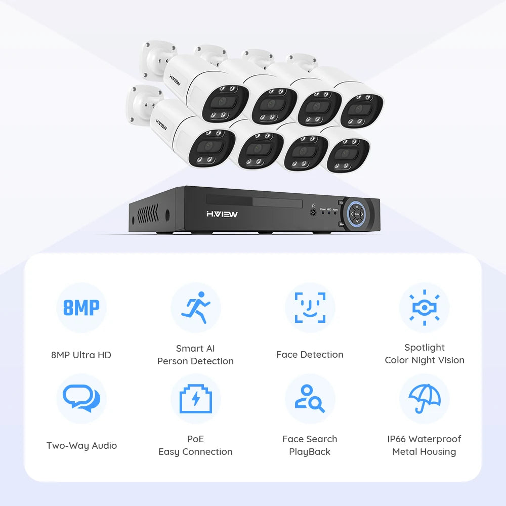 H.View 4K 5Mp 8Mp poe Cctv Security Camera System Home Video Surveillance Kit 8Ch Nvr Audio Outdoor Ip Camera xmeye app