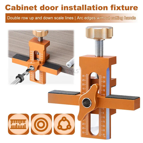 Orange cabinet door installation fixture jig with threaded screw and measuring scale