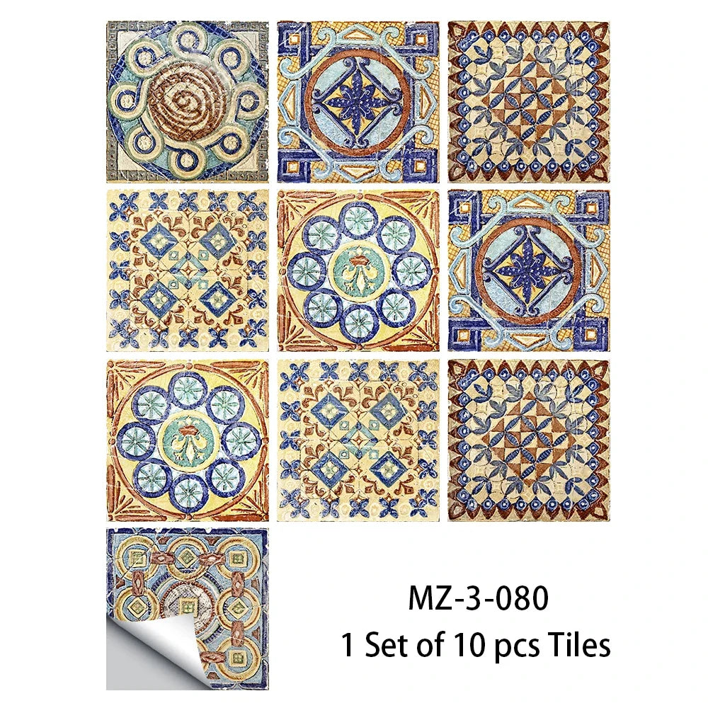 Waterproof non-slip tile floor sticker set with blue and gold decorative square tile patterns