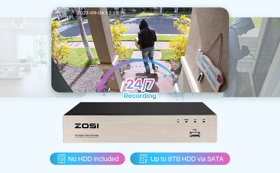 ZOSI 8CH 1080P Wired Security Camera System H.265+ 8CH 5MP Lite HD CCTV DVR Recorder 2MP Indoor/Outdoor Dome Surveillance Camera