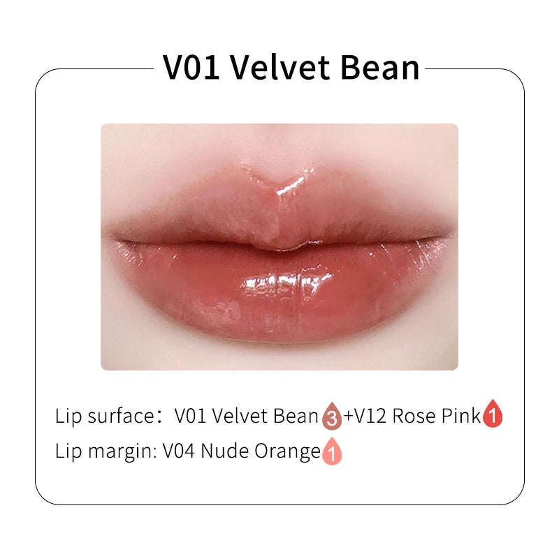 V01 Velvet Bean lip color: a glossy, brownish-nude makeup look with a soft sheen applied to human lips.
