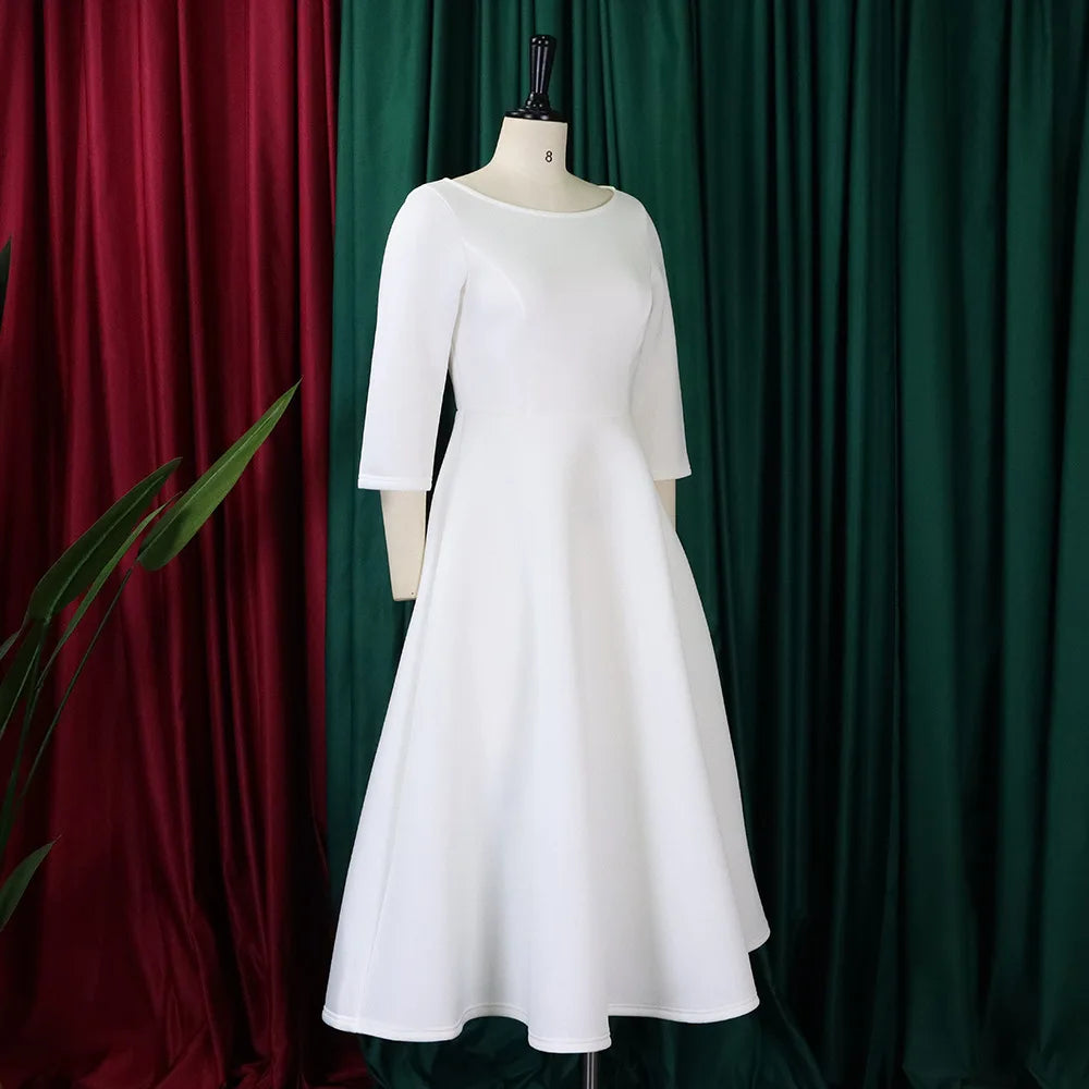 Elegant Pure Color Maxi Dress Evening Gown A- Line Skirt Polyester Fabric round Neck Short Sleeve High Waist Midi Dress