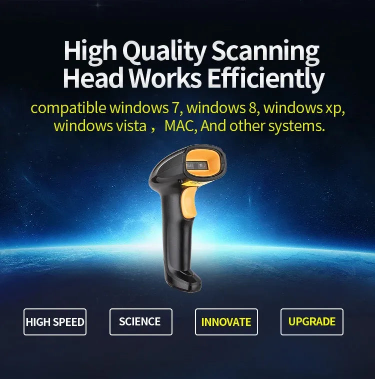 Black handheld barcode scanner with yellow scanning window and trigger grip