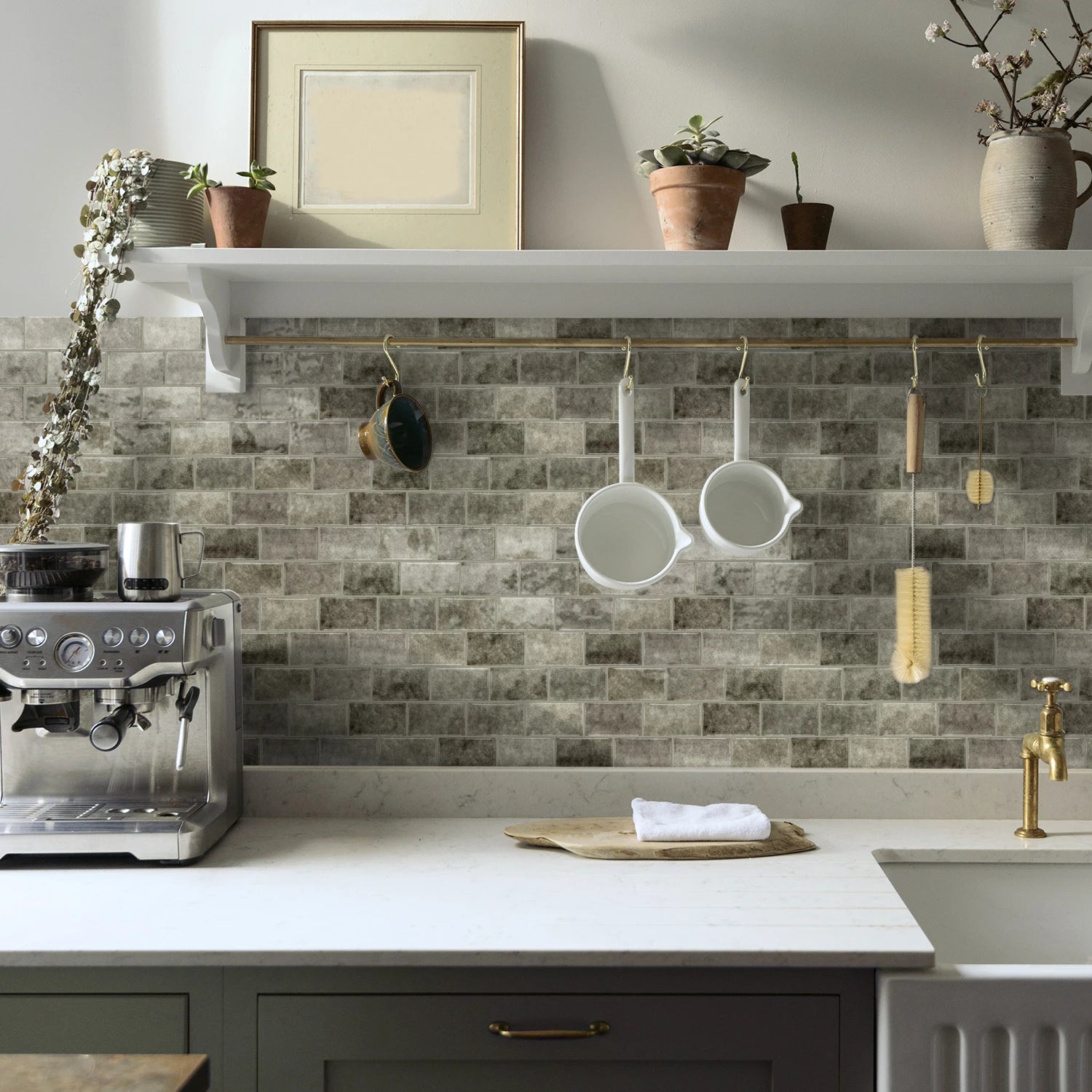 Light gray ceramic tile sticker strip backsplash with stone-textured brick-style rectangles