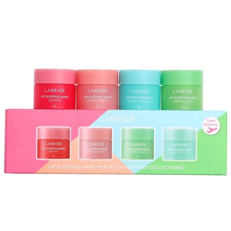 Laneige Lip Sleeping Mask mini kit featuring four colorful, hydrating fruit-scented jars for soft, plump lips.
