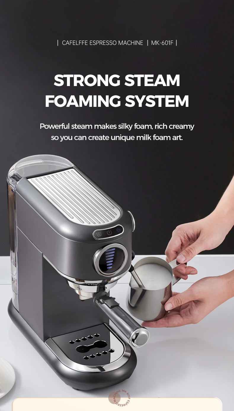 Cafelffe MK-601F compact grey espresso machine with steam wand frothing milk in a stainless steel pitcher.