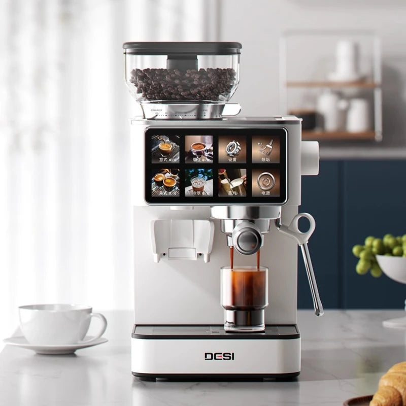 DESI white automatic espresso machine with bean hopper, digital touchscreen display, and built-in coffee grinder.