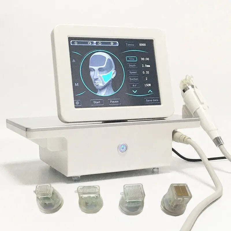 Portable fractional RF skin tightening machine with touchscreen display and four interchangeable treatment probe heads.