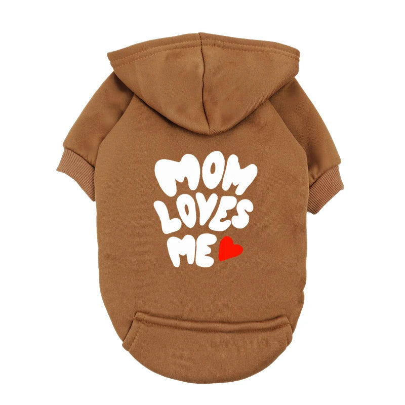 Brown Mom Loves Me dog hoodie for small dogs and puppies, cozy fleece pet sweater with heart graphic for warmth.