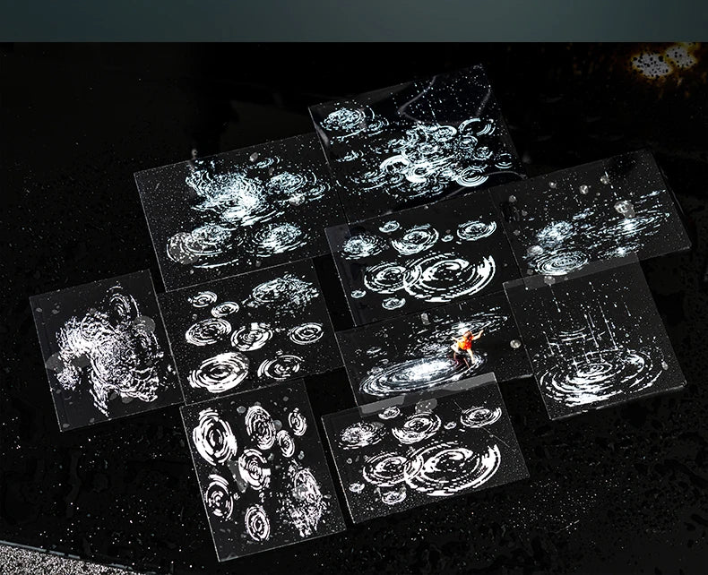 20pcs retro PET stickers featuring aesthetic natural weather elements like rain ripples for journal and diary decoration.