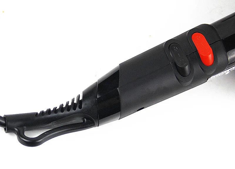 Professional black 2300W hair dryer handle featuring easy-to-use hot/cold air control switches and cord with loop.