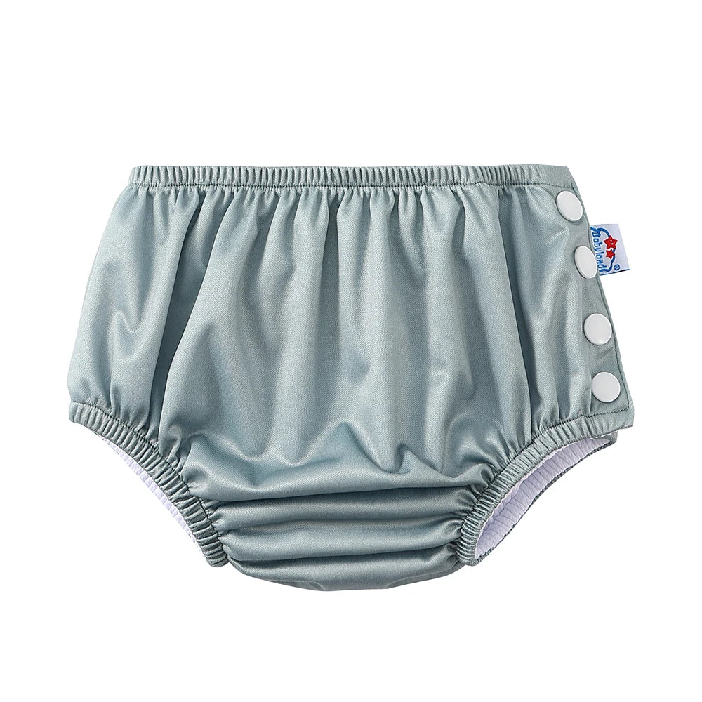 Babyland reusable baby cloth diaper cover in gray with side snap buttons for adjustable baby care.