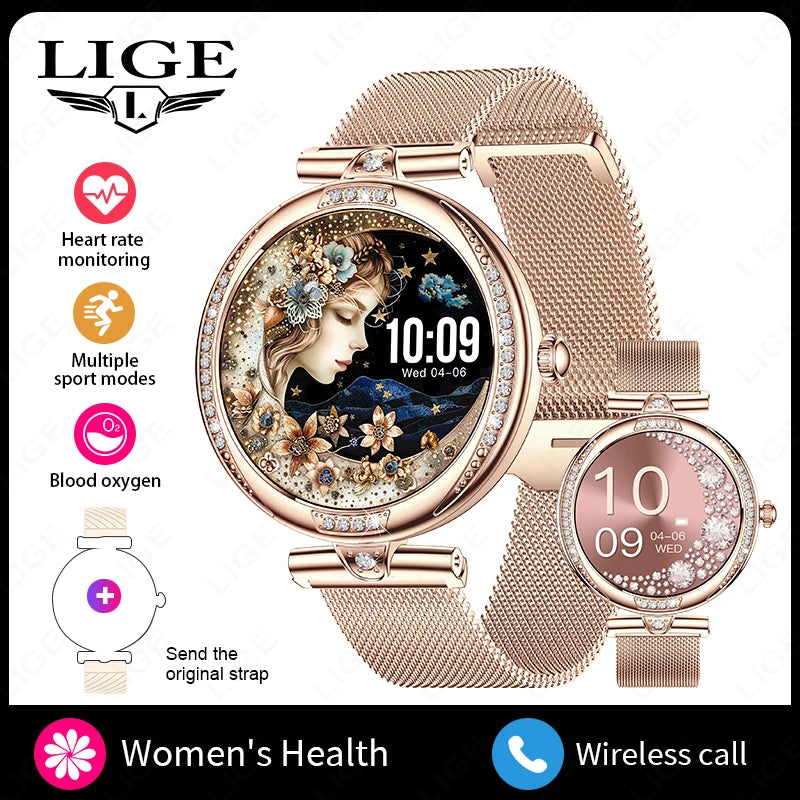 LIGE New Women Smart Watch 1.19 Inch AMOLED Full Touch Screen Sports Fitness Watches Bluetooth Call Digital Smartwatch Lady Gift