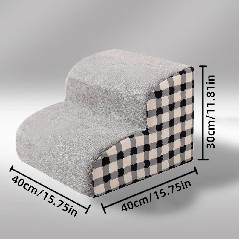 Grey memory foam pet stairs with plaid pattern, 2-step non-slip ladder for dogs to safely reach beds and sofas.