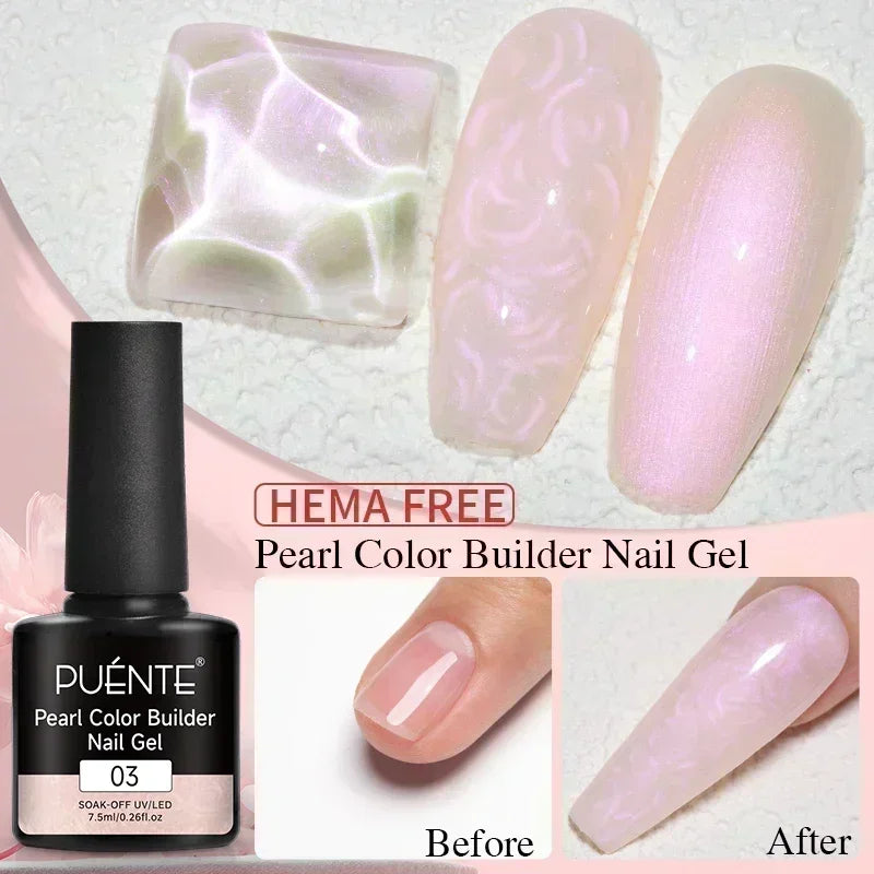 Pearl color builder nail gel in a 7.5ml black bottle, shown with swatches of its iridescent, pink-toned finish.