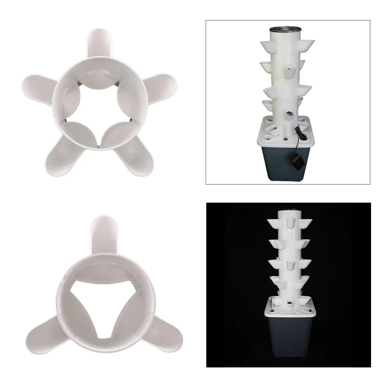 White vertical hydroponic planter tower with cup inserts and black-and-white base