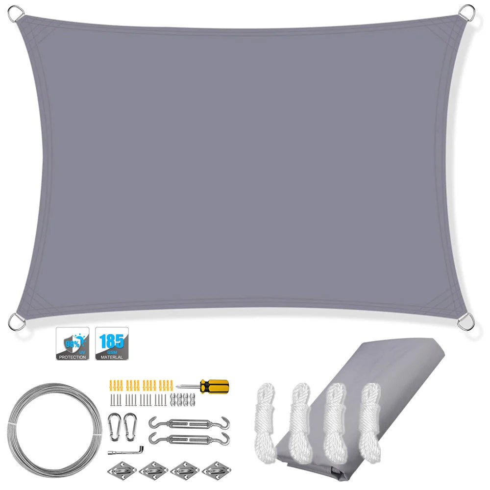 Dark gray rectangle sun shade sail canopy with corner grommets and UV protection label.