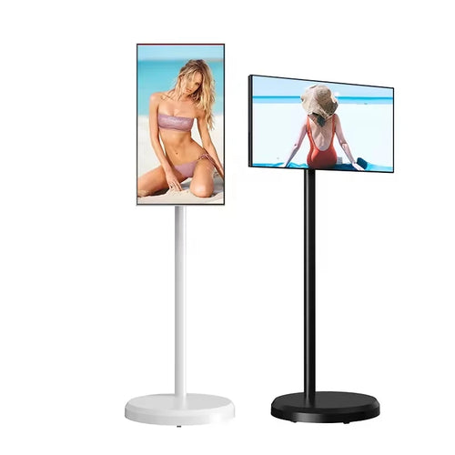 Two 21.5-inch portable smart touch screens on stands: one white (vertical) and one black (horizontal).