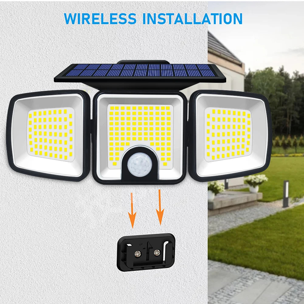 Solar Lights Outdoor 3 Heads Motion Sensor 286/236LED Security Flood Lights Waterproof 3 Modes Wall Lamp for Garden Patio Yard