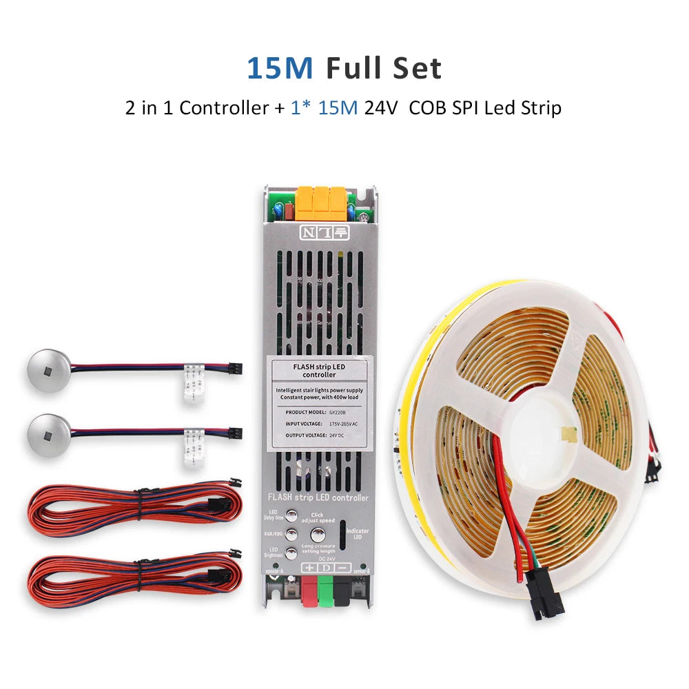 15m COB LED strip light kit with controller, wiring, and roll reel