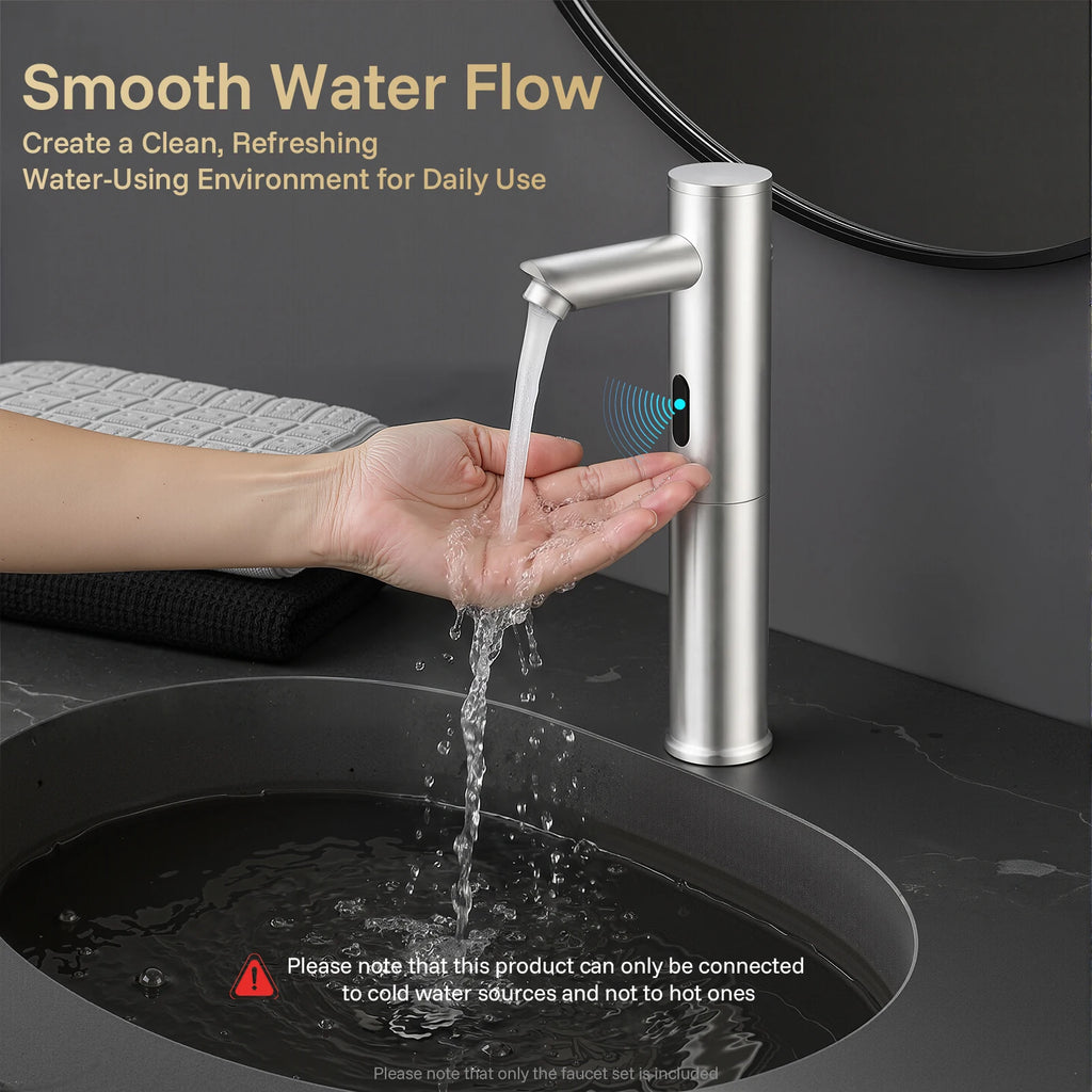 Automatic Sensor Faucet, Touchless Stainless Steel Bathroom Sink Mixer Tap, Hands-Free Cold Water Only with Control Box, Modern Silver Tall Design for Home Hotel Kitchen Hospital, Easy Clean Anti-Rust