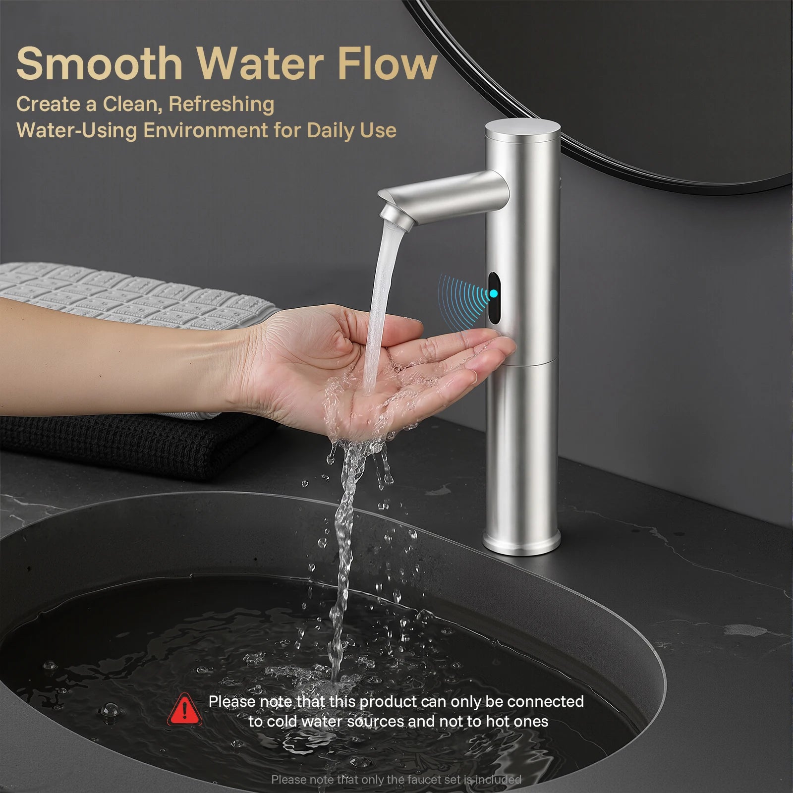 Automatic Sensor Faucet, Touchless Stainless Steel Bathroom Sink Mixer Tap, Hands-Free Cold Water Only with Control Box, Modern Silver Tall Design for Home Hotel Kitchen Hospital, Easy Clean Anti-Rust