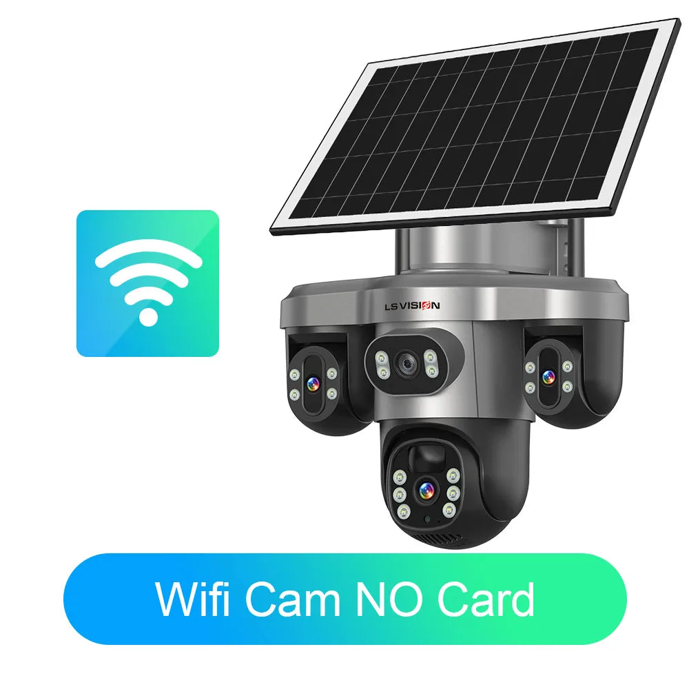 Outdoor solar security camera with solar panel, three lenses, WiFi, no SD card